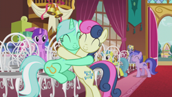 Size: 1280x720 | Tagged: safe, imported from derpibooru, screencap, amethyst star, bon bon, lemon hearts, lyra heartstrings, ponet, sea swirl, seafoam, sparkler, sweetie drops, earth pony, pony, unicorn, season 5, slice of life (episode), ^^, adorabon, background pony, best friends, bipedal, cute, eyes closed, female, hug, lyrabetes, male, mare, seadorable, stallion