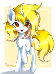 Size: 1536x2048 | Tagged: source needed, safe, artist:maiza_zara, imported from derpibooru, oc, oc only, pony, unicorn, chest fluff, colored pupils, ear fluff, eyebrows, eyebrows visible through hair, eyelashes, female, hair, horn, looking at you, mare, open mouth, open smile, raised hoof, shading, signature, smiling, smiling at you, solo, unicorn oc, watermark, yellow hair