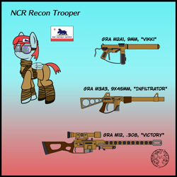 Size: 1024x1024 | Tagged: safe, artist:dice-warwick, imported from derpibooru, pegasus, fallout equestria, gun, ncr, rifle, sniper rifle, submachinegun, weapon