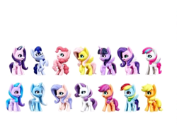 Size: 483x383 | Tagged: safe, imported from derpibooru, applejack, fluttershy, izzy moonbow, pinkie pie, pipp petals, queen haven, rainbow dash, rarity, starlight glimmer, sunny starscout, trixie, twilight sparkle, zipp storm, alicorn, earth pony, pegasus, pony, unicorn, argyle starshine, bipedal, g4, g5, mane six, merchandise, my little pony: a new generation, simple background, toy, twilight sparkle (alicorn), white background