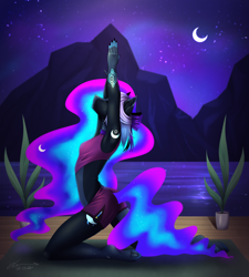 Size: 3366x3742 | Tagged: safe, artist:lunciakkk, imported from derpibooru, oc, oc only, oc:luminescence, anthro, armpits, clothes, commission, commissioner:mysterymoonmajor, crescent moon, eyes closed, female, moon, night, solo, underhoof