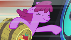 Size: 1920x1080 | Tagged: safe, imported from derpibooru, screencap, berry punch, berryshine, earth pony, pony, season 5, slice of life (episode), 1080p, amused, barrel, bipedal, female, fruit, happy, mare, ride, riding, solo, speaker