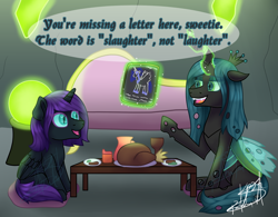 Size: 3000x2336 | Tagged: safe, artist:spokenmind93, imported from derpibooru, nightmare moon, queen chrysalis, oc, oc:nyx, alicorn, pony, fanfic:thesixthalicorn, alicorn oc, couch, crystal, fanfic, fanfic art, fangs, food, horn, meat, mommy chrissy, wings