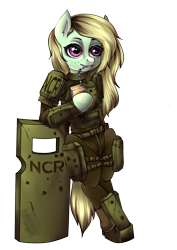 Size: 1075x1518 | Tagged: safe, artist:leastways, imported from derpibooru, oc, oc only, oc:sea hook, earth pony, pony, fallout equestria, armor, bipedal, commission, juice, juice box, ncr, shield, simple background, solo, straw in mouth, transparent background