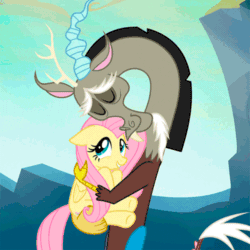 Size: 500x500 | Tagged: safe, imported from derpibooru, screencap, discord, fluttershy, draconequus, pegasus, pony, season 6, to where and back again, animated, cropped, cute, duo, eyes closed, female, folded wings, gif, holding a pony, hug, loop, male, mare, shipping fuel, smiling, wings