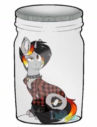 Size: 875x1142 | Tagged: safe, artist:diethtwoo, imported from derpibooru, oc, oc only, oc:moonshine, pony, unicorn, clothes, collar, female, flannel, horn, jar, jewelry, latex, lewd container meme, lid, lol, looking at you, mare, meme, piercing, rainbow dash jar, raised eyebrow, shirt, simple background, sitting, smol, socks, solo, this will not end well, uh oh, unicorn oc, white background