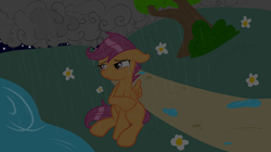 Size: 2592x1456 | Tagged: safe, artist:xylaofspades, imported from derpibooru, scootaloo, pegasus, pony, blank flank, cloud, crying, female, flightless, floppy ears, flower, frown, looking offscreen, night, rain, raised hoof, sad, scootalone, scootaloo can't fly, scootasad, sitting, solo, water, wings