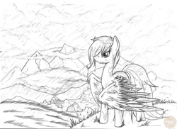 Size: 900x655 | Tagged: safe, artist:valkyrieskies, imported from derpibooru, scootaloo, pegasus, pony, cloud, female, flightless, frown, hair over one eye, large wings, looking offscreen, monochrome, mountain, older, older scootaloo, rain, sad, scootalone, scootaloo can't fly, scootasad, solo, standing, traditional art, wings