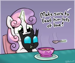 Size: 1587x1353 | Tagged: safe, artist:heretichesh, imported from derpibooru, sweetie belle, changeling, pony, unicorn, baby changeling, bowl, cute, cuteling, diasweetes, duo, eye clipping through hair, female, filly, foal, food, implied rarity, levitation, magic, soup, spoon, sweetie belle's magic brings a great big smile, telekinesis