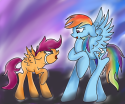 Size: 1000x830 | Tagged: safe, artist:youlooklikefood, imported from derpibooru, rainbow dash, scootaloo, pegasus, pony, angry, argument, crying, duo, female, filly, floppy ears, foal, hair over one eye, looking at each other, looking at someone, open mouth, raised hoof, scootaloo can't fly, scootamad, spread wings, story included, tears of anger, wings, yelling