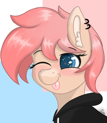 Size: 1172x1344 | Tagged: safe, artist:marbatra, imported from derpibooru, oc, oc:strawberry buttercream, pony, bust, clothes, hoodie, piercing, portrait, tongue out