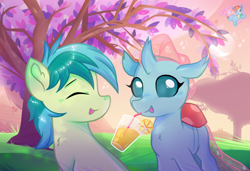 Size: 2420x1658 | Tagged: safe, artist:rainbow eevee, imported from derpibooru, ocellus, sandbar, changedling, changeling, earth pony, pony, beautiful, chest fluff, crescent moon, cute, detailed background, digital art, evening, eyes closed, female, food, grass, hill, juice, male, moon, ocelbar, open mouth, orange, orange juice, park, shading, shipping, straight, teenager, tree