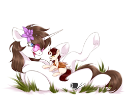 Size: 2999x2300 | Tagged: safe, artist:deadoyster, imported from derpibooru, oc, oc:biepbot, oc:flower star, changeling, unicorn, waspling, commission, female, macro, macro/micro, male, mare, micro, simple background, snuggling, stallion, white background, wholesome, ych result