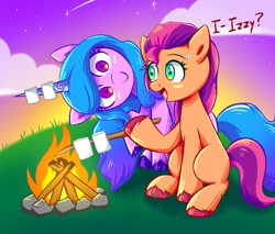 Size: 1612x1372 | Tagged: safe, artist:ce2438, artist:ketereissm, imported from derpibooru, izzy moonbow, sunny starscout, earth pony, pony, unicorn, campfire, colored hooves, dialogue, duo, female, fire, food, g5, grass, head tilt, hoof hold, horn, horn impalement, izzy impaling things, looking at someone, mare, marshmallow, mundane utility, open mouth, outdoors, raised hoof, roasted marshmallow, sitting, smiling, sweat, sweatdrop, the uses of unicorn horns, this will end in fire