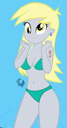 Size: 815x1553 | Tagged: safe, artist:flutteryaylove, imported from derpibooru, derpy hooves, equestria girls, belly button, bikini, blue background, breasts, clothes, female, green bikini, lake, simple background, smiling, solo, stupid sexy derpy, swimsuit, water