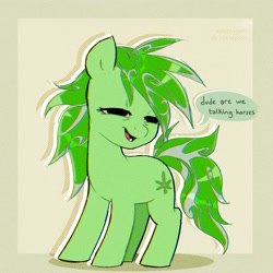 Size: 1654x1654 | Tagged: safe, artist:syrupyyy, imported from derpibooru, oc, oc only, oc:stoney poney, earth pony, pony, dialogue, drugs, earth pony oc, hooves, implied drug use, marijuana, open mouth, open smile, signature, smiling, solo, speech bubble, squint, standing, tail