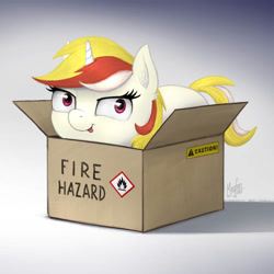 Size: 894x894 | Tagged: safe, alternate version, artist:magfen, imported from derpibooru, oc, oc only, oc:vida emotionate, pony, unicorn, alternate character, box, fire hazard, pony in a box, smiling, smirk, solo