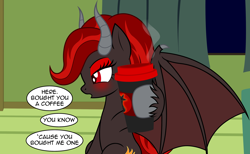 Size: 3370x2072 | Tagged: safe, artist:badumsquish, derpibooru exclusive, imported from derpibooru, oc, oc only, oc:kim stone, bat pony, demon, demon pony, bat wings, blushing, coffee, coffee cup, couch, cup, curtains, dialogue, drink, embarrassed, eyeshadow, frown, grumpy, holding, hoof hold, horns, house, lidded eyes, looking away, makeup, offscreen character, pentagram, pov, show accurate, sitting, solo, spread wings, steam, talking to viewer, tsundere, unshorn fetlocks, window, wings