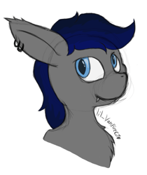 Size: 933x1110 | Tagged: safe, artist:lil_vampirecj, imported from derpibooru, oc, oc only, oc:zephyr star, bat pony, pony, art, bat pony oc, blue eyes, blue mane, bust, ear piercing, earring, fangs, gray coat, jewelry, looking at you, photo, piercing, sketch, smiling, smiling at you, solo