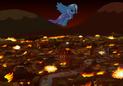 Size: 1280x901 | Tagged: safe, artist:thegreatguy2000, imported from derpibooru, trixie, alicorn, pony, alicornified, apocalypse, fire, implied genocide, ponyville, race swap, solo, trixiecorn