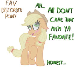 Size: 2797x2572 | Tagged: safe, artist:justapone, imported from derpibooru, applejack, earth pony, pony, applejack's hat, blushing, colored, cowboy hat, dialogue, digital art, discorded, ear blush, februpony, female, floppy ears, hat, liar, liarjack, looking up, lying, open mouth, raised leg, shoulder fluff, smiling, solo, tsundere, tsunjack, wavy mouth