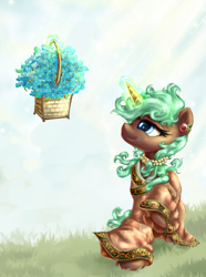 Size: 796x1070 | Tagged: safe, artist:equie, imported from derpibooru, oc, oc only, oc:equie, alicorn, pony, celtic, clothes, flower basket, jewelry, magic, necklace, pearl necklace, solo, telekinesis