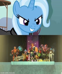Size: 1032x1223 | Tagged: safe, artist:masedog78, edit, imported from derpibooru, screencap, trixie, human, pony, unicorn, magic duel, alicorn amulet, cape, clothes, evil trixie, female, he-man and the masters of the universe, male, mare, solo