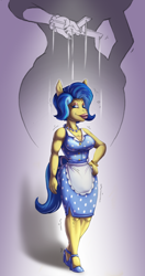 Size: 1280x2431 | Tagged: safe, artist:sutibaruart, colorist:dante, imported from derpibooru, oc, oc only, oc:moniker, oc:monique, anthro, earth pony, alternate hairstyle, apron, bimbo, bimbo oc, body control, breasts, cleavage, clothes, grayscale, high heels, housewife, marionette, monochrome, shoes