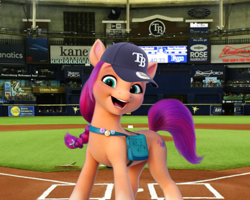 Size: 1280x1024 | Tagged: safe, edit, imported from derpibooru, sunny starscout, earth pony, pony, baseball, baseball cap, cap, g5, hat, irl, mlb, photo, ponies in real life, solo, sports, stadium, tampa bay rays