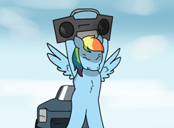 Size: 770x568 | Tagged: safe, artist:str8aura-draws-horses-and-stuff, imported from derpibooru, rainbow dash, twilight sparkle's secret shipfic folder, boombox, car, chest fluff, cloud, looking down, spread wings, wings