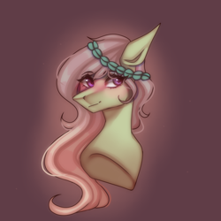 Size: 2048x2048 | Tagged: safe, artist:neonbugzz, imported from derpibooru, oc, oc:lavira, earth pony, pony, bust, floral head wreath, flower, looking at you, portrait, smiling, solo