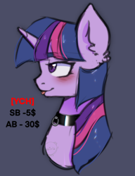 Size: 2000x2606 | Tagged: safe, artist:vaiola, imported from derpibooru, twilight sparkle, pony, unicorn, advertisement, auction, auction open, bdsm, big eyes, blushing, bust, collar, commission, cute, embarrassed, eyebrows, eyebrows visible through hair, female, fetish, happy, high res, horn, multiple variants, pet play, pettwi, portrait, purple background, sexy, simple background, sketch, smiling, solo, sticker, tongue out, unicorn twilight, ych example, your character here