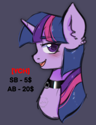 Size: 2000x2606 | Tagged: safe, artist:vaiola, imported from derpibooru, twilight sparkle, pony, unicorn, advertisement, auction, auction open, bdsm, big eyes, blushing, bust, collar, commission, cute, embarrassed, fetish, happy, high res, horn, multiple variants, open mouth, pet play, pettwi, portrait, sexy, simple background, sketch, smiling, solo, sticker, unicorn twilight, ych example, your character here