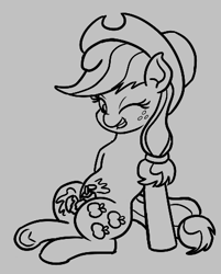 Size: 363x452 | Tagged: safe, applejack, earth pony, pony, aggie.io, apple, female, food, hat, mare, monochrome, one eye closed, simple background, sitting, smiling