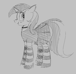 Size: 531x518 | Tagged: safe, artist:hattsy, minuette, pony, unicorn, aggie.io, blushing, clothes, collar, dress, female, looking back, mare, monochrome, open mouth, simple background, skirt, smiling, socks
