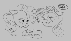 Size: 398x232 | Tagged: safe, artist:hattsy, pinkie pie, rarity, earth pony, pony, unicorn, aggie.io, dialogue, female, frown, lowres, mare, monochrome, open mouth, simple background, smiling, talking