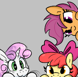 Size: 270x268 | Tagged: safe, artist:hattsy, artist:tjpones, apple bloom, scootaloo, sweetie belle, earth pony, pegasus, pony, unicorn, aggie.io, bow, female, lowres, mare, simple background, smiling