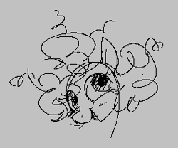 Size: 264x220 | Tagged: safe, artist:hattsy, pinkie pie, pony, aggie.io, female, lowres, mare, messy mane, monochrome, open mouth, simple background, sketch, smiling