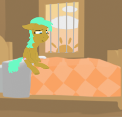 Size: 408x392 | Tagged: safe, oc, oc only, earth pony, pony, aggie.io, bed, cloud, female, looking down, mare, prison, sad, simple background, sun, sunset, window