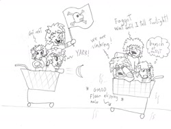 Size: 1276x958 | Tagged: safe, artist:venanon, imported from ponybooru, oc, oc:filly anon, autistic screeching, female, filly, food fight, pirate, roleplaying, shopping cart, silly