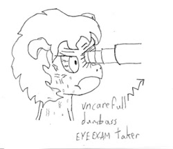 Size: 545x471 | Tagged: safe, artist:venanon, imported from ponybooru, oc, oc:filly anon, angry, bad touch, eye exam, female, filly, glare, monochrome, optical sight, pain, personal space invasion, traditional art, vein bulge