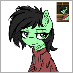 Size: 760x758 | Tagged: safe, artist:zebra, oc, oc only, oc:filly anon, pony, pony town, bags under eyes, clothes, female, filly, hoodie, solo, unamused