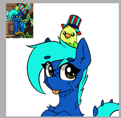 Size: 795x772 | Tagged: safe, artist:zebra, oc, oc only, bird, pony, pony town, cylinder, freckles, hat, solo, tongue out