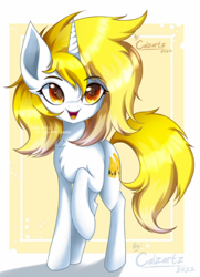 Size: 636x880 | Tagged: safe, artist:maiza_zara, imported from derpibooru, oc, oc only, pony, unicorn, ear fluff, female, hair, horn, looking at you, mare, open mouth, raised hoof, shading, signature, solo, solo female, unicorn oc, yellow hair