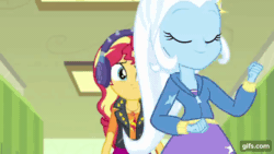 Size: 640x360 | Tagged: safe, imported from derpibooru, screencap, sunset shimmer, trixie, equestria girls, equestria girls series, overpowered (equestria girls), animated, clothes, cutie mark, cutie mark on clothes, duo, duo female, eyes closed, female, geode of empathy, gif, gifs.com, hairpin, hallway, headphones, hoodie, jacket, jewelry, leather, leather jacket, lockers, magical geodes, necklace, open mouth, smiling