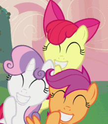 Size: 437x498 | Tagged: safe, imported from derpibooru, screencap, apple bloom, scootaloo, sweetie belle, earth pony, pegasus, pony, unicorn, hearts and hooves day (episode), season 2, ^^, animated, apple bloom's bow, bow, cropped, cutie mark crusaders, eyes closed, female, filly, foal, gif, grin, hair bow, hoof over mouth, horn, laughing, loop, smiling, trio, two toned mane