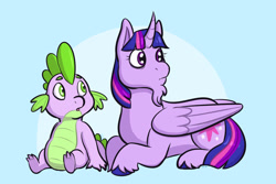 Size: 1280x854 | Tagged: safe, artist:verikoira, imported from derpibooru, spike, twilight sparkle, alicorn, dragon, pony, beard, chubby, duo, facial hair, female, goatee, looking at something, male, mare, twilight sparkle (alicorn), unshorn fetlocks, wingless spike