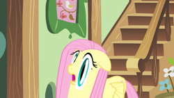 Size: 1920x1080 | Tagged: safe, imported from derpibooru, screencap, fluttershy, pegasus, pony, a bird in the hoof, season 1, animation error, faic, female, floppy ears, flower pot, fluttershy's cottage, frown, great moments in animation, hallway, mare, meme origin, open mouth, picture frame, quality, smear frame, solo, stairs, wat, wide eyes