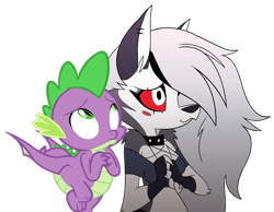 Size: 1198x928 | Tagged: safe, artist:memnoch, artist:ponygamer2020, editor:ponygamer2020, imported from derpibooru, spike, demon, dragon, hellhound, :3, adorable face, age difference, crossover, crossover shipping, cute, duo, female, helluva boss, looking up, loona (helluva boss), loonabetes, male, pentagram, shipping, simple background, spikabetes, spikelove, spiloona, straight, transparent background, vector, winged spike, wings