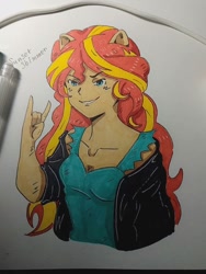 Size: 810x1080 | Tagged: safe, artist:simonhtf, imported from derpibooru, sunset shimmer, equestria girls, clothes, devil horn (gesture), female, jacket, leather jacket, ponied up, smiling, smirk, solo, traditional art